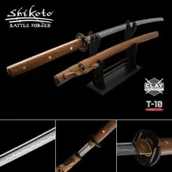 Shikoto Tigerwood Katana And Scabbard - T10 Carbon Steel Blade, Clay Tempered, Full-Tang, Tigerwood Handle, Iron Tsuba, Brass Habaki
