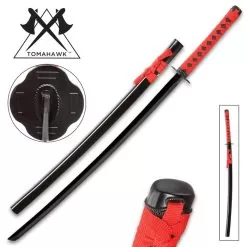 Black And Red Dojo Training Katana - Black Stainless Steel Blade, Red Cord Wrapped Handle, Lacquered Wooden Scabbard - Length 38”