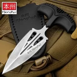 Honshu Large Covert Defense Push Dagger And Sheath - 7Cr13 Stainless Steel Blade, Molded TPR Handle - Length 5 7/8”