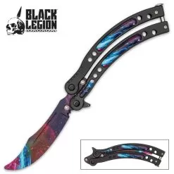 Black Galaxy Butterfly Trainer - Stainless Steel Blade, Water Transfer Design, Stainless Steel Handles - Closed Length 6”