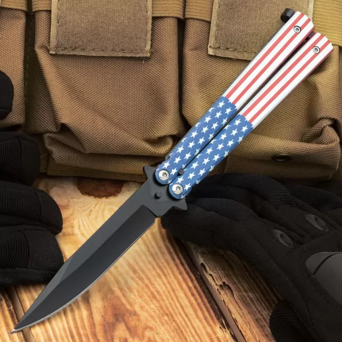 American Flag Butterfly Knife - Stainless Steel Blade, Stainless Steel Handle - Length 9"