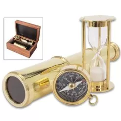 Compass, Telescope And Minute Timer Set In Wooden Box - High-Quality Brass Construction, Working Pieces - Box 6”x 4”