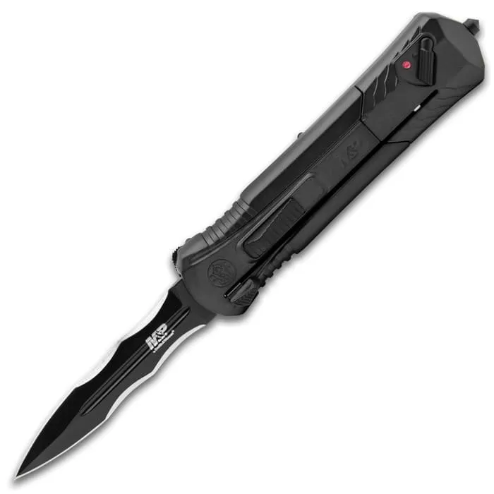Smith & Wesson Serrated OTF Pocket Knife - AUS-8 Stainless Steel Blade, Aluminum Handle, Glassbreaker - Length 8 3/5β - Image 2