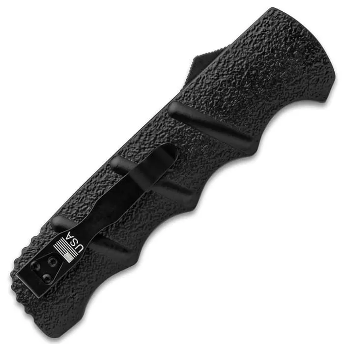 Black Jacket OTF Automatic Knife And Sheath - Stainless Steel Blade, Metal Alloy Handle, Pocket Clip - Length 8 3/4" - Image 2