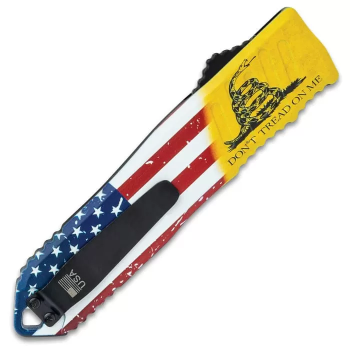 Don't Tread On Me OTF Automatic Knife And Sheath - Stainless Steel Blade, 3D-Printed Metal Handle, Pocket Clip - Image 2