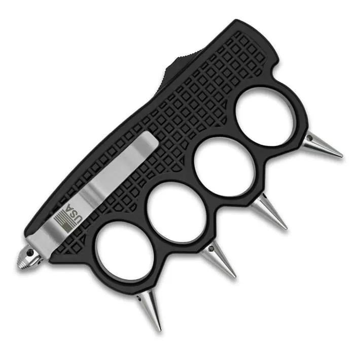 Spiked OTF Automatic Knuckle Knife - Stainless Steel Blade, Aircraft-Grade Aluminum, Pocket Clip - Closed 5 1/4" - Image 2