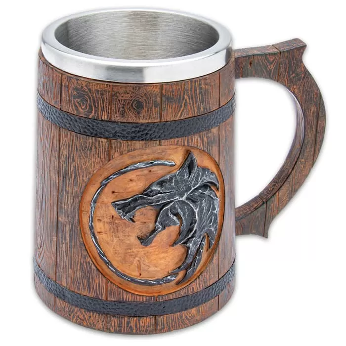 Wolf Medallion Mug - Cold Cast Resin Construction, Stainless Steel Insulating Liner, Intricate Details - Image 2