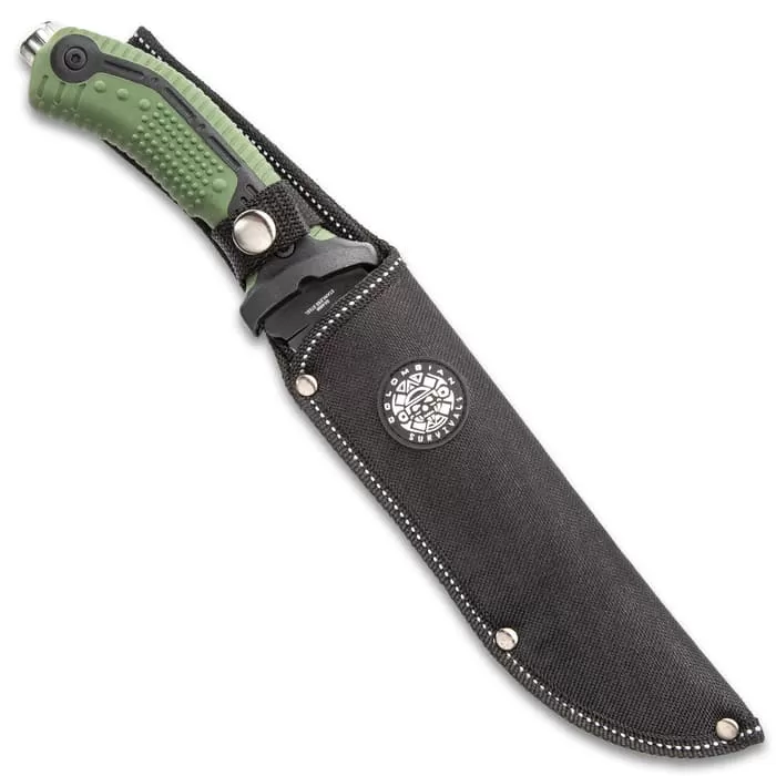 Colombian Bogota Survival Fixed Blade Knife With Sheath - Stainless Steel Blade, Serrations, Grippy TPR Handle - Length 12 7/10β - Image 2