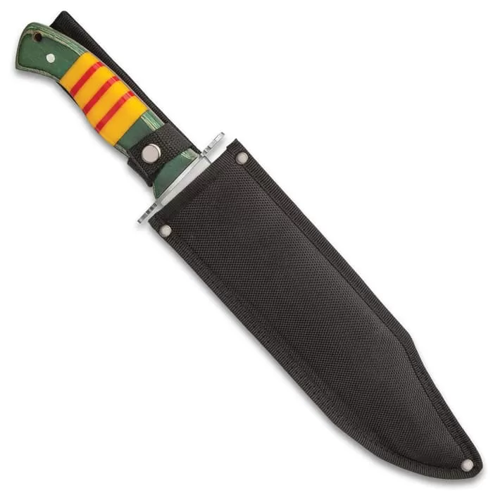 Vietnam Veteran Bowie Knife And Sheath - Stainless Steel Blade, Wooden Handle Scales, Stainless Steel Pins - Length 15β - Image 2