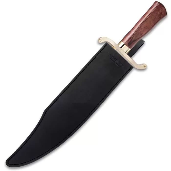 Gil Hibben Old West Bowie Knife - Bloodwood Edition - Stainless Steel Blade, Wooden Handle, Gold-Plated Guard, Leather Sheath - Length 20 1/2β - Image 2