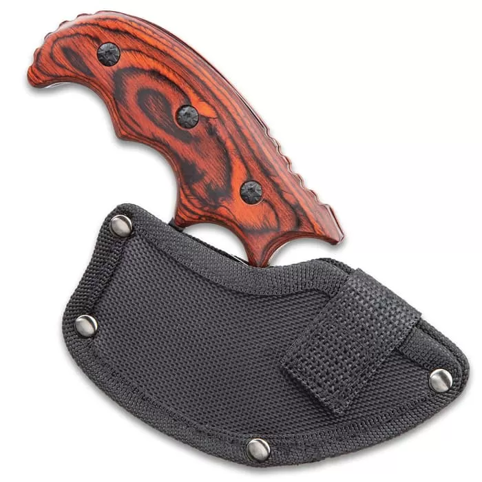 Ridge Runner Modified Ulu Knife With Sheath - Stainless Steel Blade, Full-Tang, Non-Reflective, Wooden Handle Scales - Length 6 1/2β - Image 2