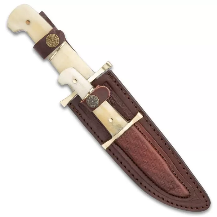 Timber Rattler Camel Bone Bowie Knife - Two-Knife Set With Leather Twin Sheath - Image 2