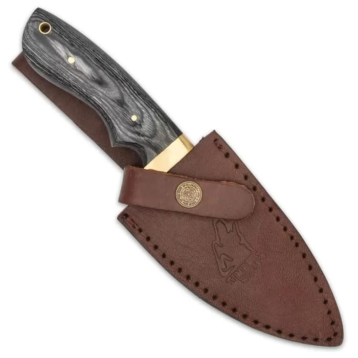 Timber Wolf Grey Skinner Knife And Sheath - Stainless Steel Blade, Pakkawood Handle Scales, Brass Half-Guard - Length 9β - Image 2
