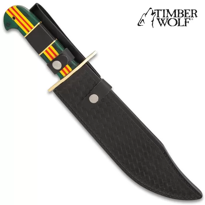 Timber Wolf Vietnam Veteran Bowie Knife With Sheath - Stainless Steel Blade, Wood And Bone Handle, Brass Guard - Length 16β - Image 2