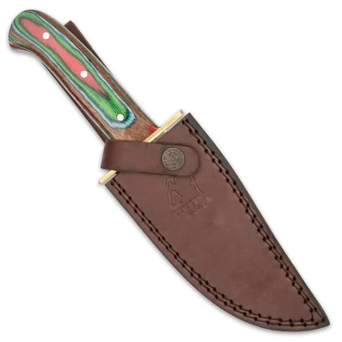 Timber Wolf Rainbow Knife And Sheath - Stainless Steel Blade, Pakkawood Handle Scales, Brass Guard - Length 10 3/4β - Image 2