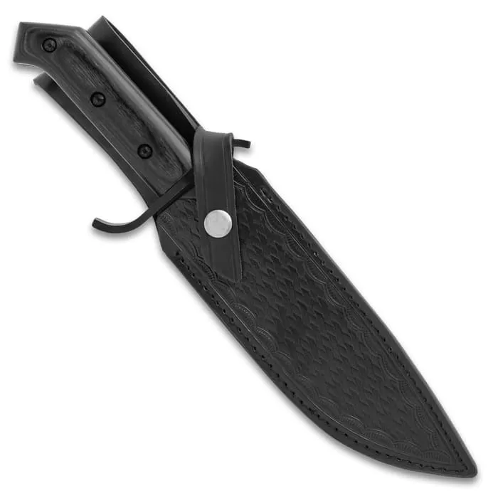 Timber Wolf Blackout Bowie Knife And Sheath - Black 3Cr13 Stainless Steel Blade, Wooden Handle Scales - Length 12 1/2β - Image 2