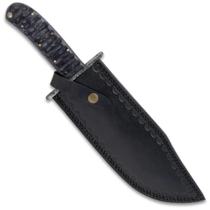 Timber Wolf Shark Back Knife And Sheath - Damascus Steel Blade, Wooden Handle, Lanyard Hole - Length 15 1/2" - Image 2