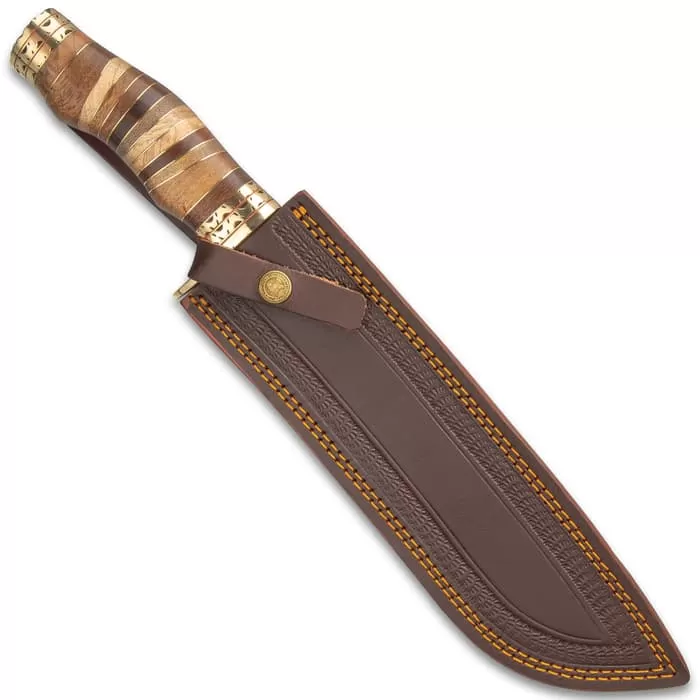 Timber Wolf Primeval Canyon Machete And Sheath - Damascus Steel Blade, Walnut Wood Handle, Brass Handguard - Length 15 1/4β - Image 2