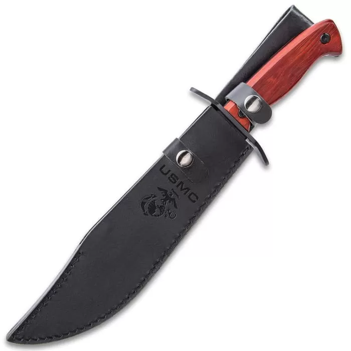 USMC Bowie Knife With Sheath - Stainless Steel Blade, Marines Themed Etches, Wooden Handle Scales - Length 14 1/2β - Image 2