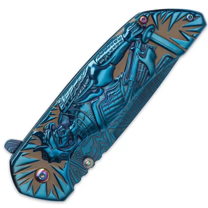 Shadow Warrior Assisted Opening Pocket Knife | DamascTec Steel Blade | Blue And Rainbow - Image 2