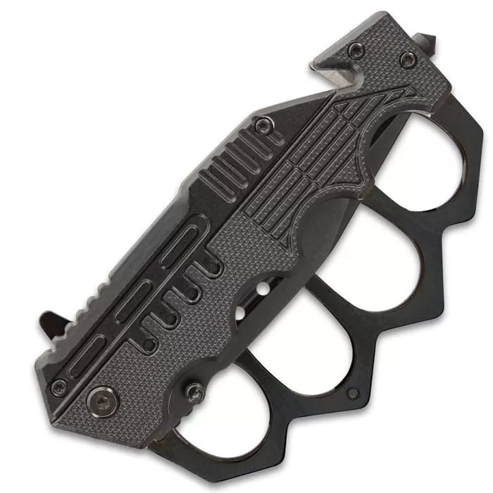 Black Folding Knuckle Knife - Stainless Steel Blade, ABS Handle, Seatbelt Cutter, Glass Breaker - Closed Length 5 1/4β - Image 2
