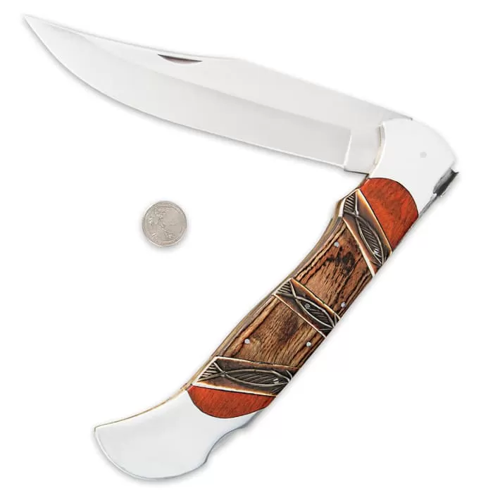 Timber Rattler Heartwood Scarab Back Giant Folding Pocket Knife - Carved Camel Bone Inlays - Image 2
