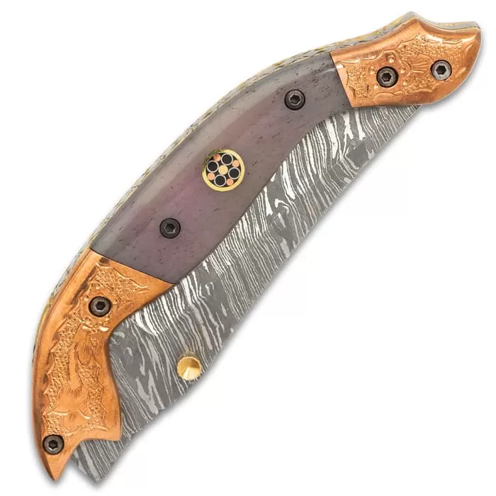 Timber Wolf Aspen Pocket Knife - Damascus Steel Blade, Bone Handle, Engraved Copper Bolsters, Fileworked Liners - Image 2