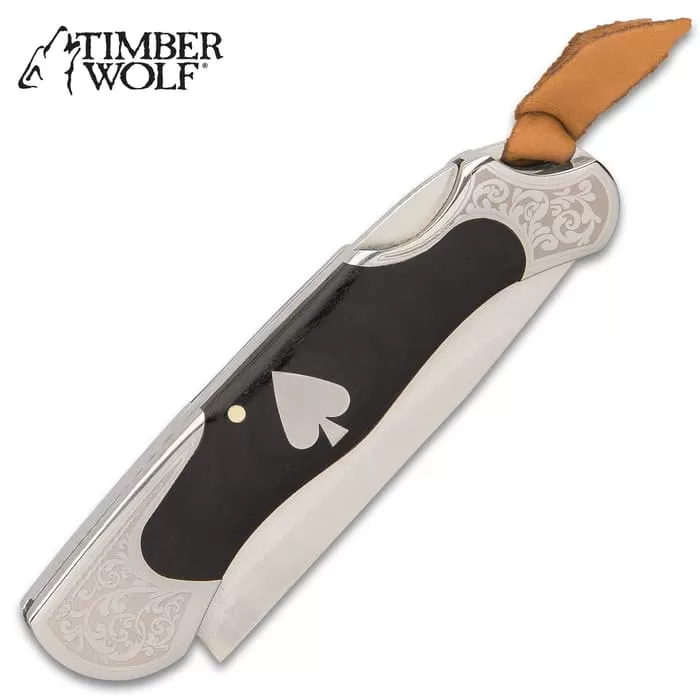 Timber Wolf Gambler Lockback Pocket Knife - 3Cr13 Stainless Steel Blade, Wooden Handle Scales, Etched Bolsters - Image 2