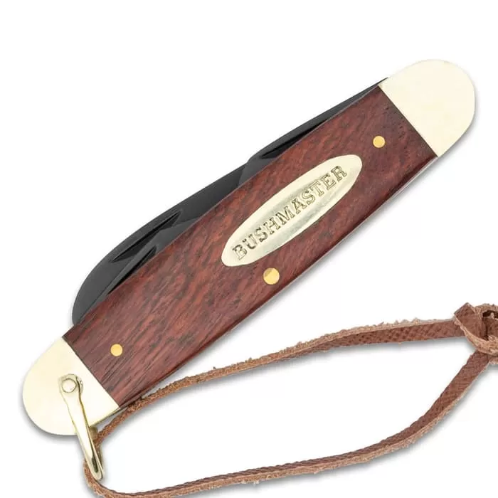 Bushmaster Ranger Scout Pocket Knife - Carbon Steel Blades, Wooden Handle, Brass Bolsters, Leather Wrist Lanyard - Image 2