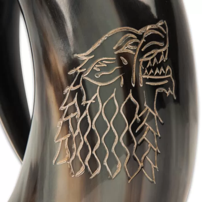 Wolf Display Drinking Horn - Crafted Of Genuine Horn, Hand-Carved Artwork, Fantasy Design, Prop Or Cosplay - 7β Tall X 5 1/4β Width - Image 2