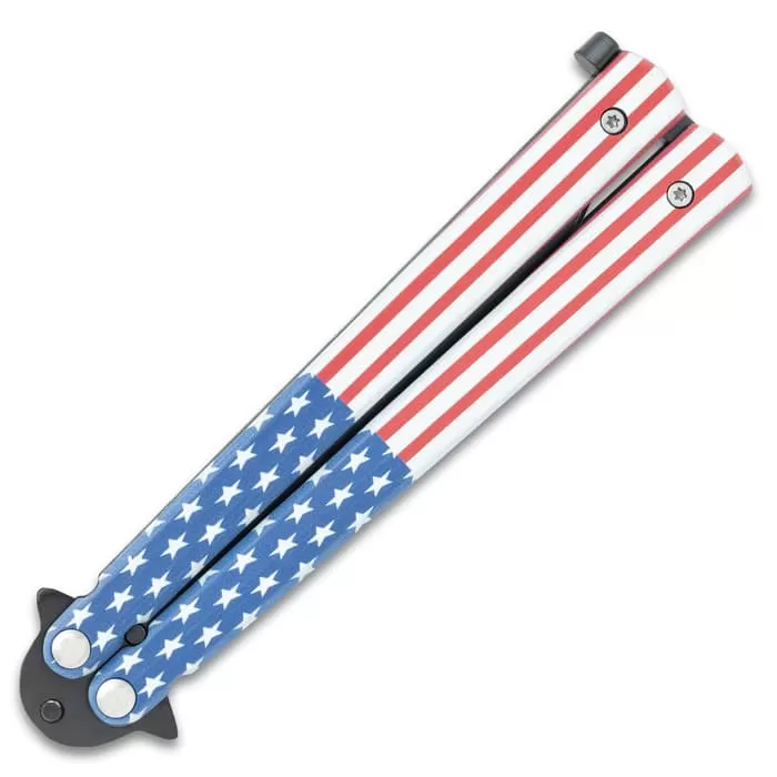 American Flag Butterfly Knife - Stainless Steel Blade, Stainless Steel Handle - Length 9" - Image 2