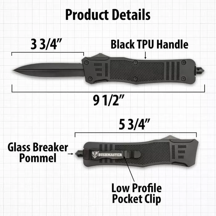 Bushmaster Mamba Automatic OTF Knife - Stainless Steel Blade, TPU Handle, Sliding Trigger, Glassbreaker, Pocket Clip - Image 3