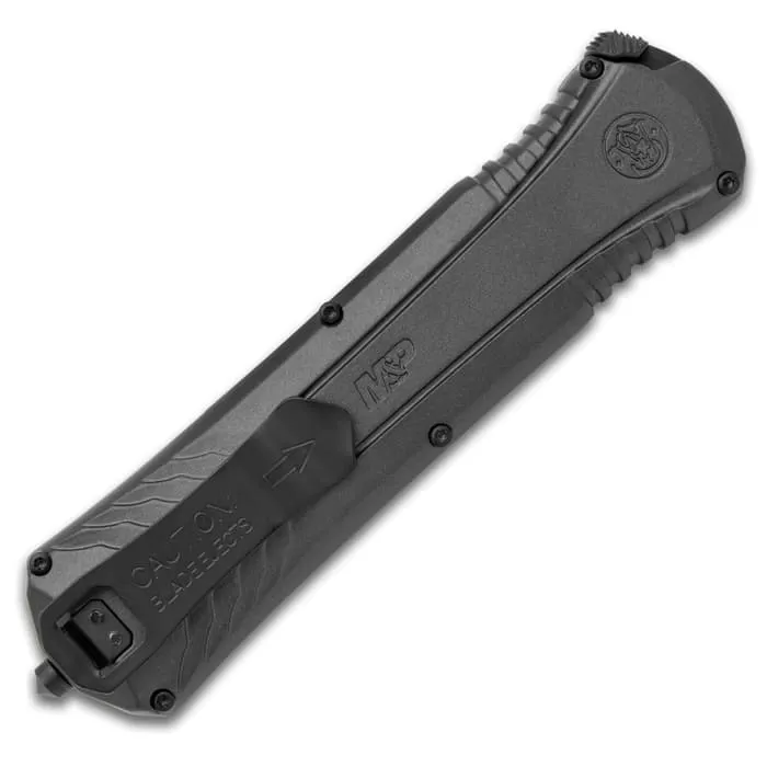 Smith & Wesson Serrated OTF Pocket Knife - AUS-8 Stainless Steel Blade, Aluminum Handle, Glassbreaker - Length 8 3/5β - Image 3