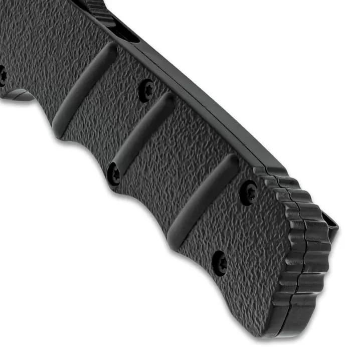Black Jacket OTF Automatic Knife And Sheath - Stainless Steel Blade, Metal Alloy Handle, Pocket Clip - Length 8 3/4" - Image 3