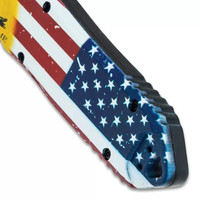 Don't Tread On Me OTF Automatic Knife And Sheath - Stainless Steel Blade, 3D-Printed Metal Handle, Pocket Clip - Image 3