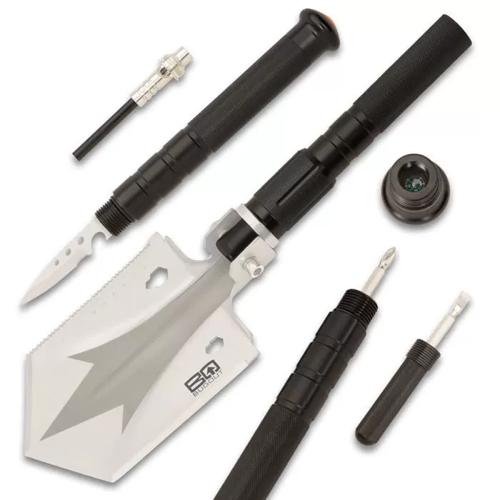BugOut Small Multi-Function Folding Entrenchment Tool - Shovel, Saw, Screw Drivers, Cord Cutter, Bottle Opener, Compass - Image 3
