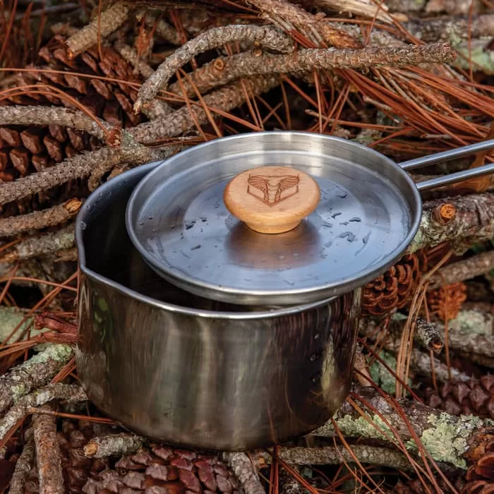 Bushmaster Ultimate Survival Camp Kettle Pot With Mesh Bag - Stainless Steel Pot, Wooden Handle, Steel Handle - Image 3