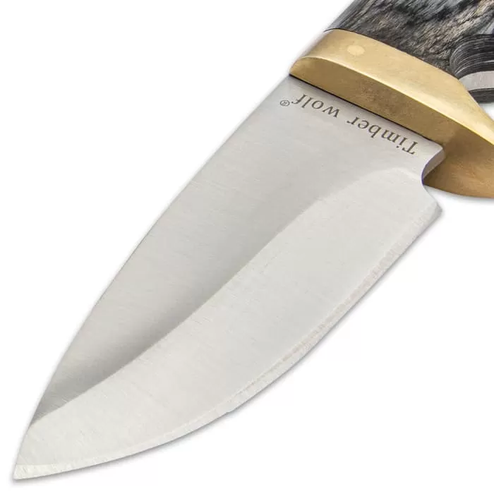 Timber Wolf Grey Skinner Knife And Sheath - Stainless Steel Blade, Pakkawood Handle Scales, Brass Half-Guard - Length 9β - Image 3