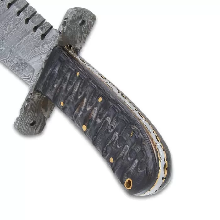 Timber Wolf Shark Back Knife And Sheath - Damascus Steel Blade, Wooden Handle, Lanyard Hole - Length 15 1/2" - Image 3