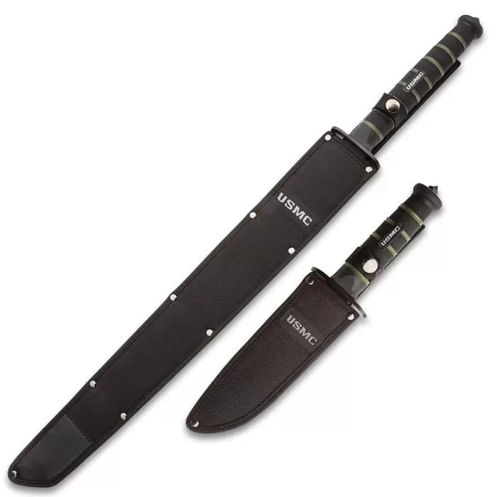 USMC Blackout Fighter Knife And Combat Sword Set - Stainless Steel Blades, Rubberized Handles, Nylon Sheaths, Glass Breakers - Image 3