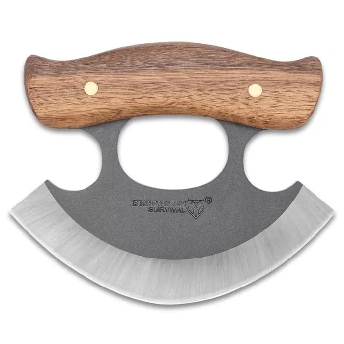 Bushmaster Wilderness Ulu Knife And Sheath - 1095 High Carbon Steel Blade, Hardwood Handle, Brass Pins - Length 4 4/10β - Image 3