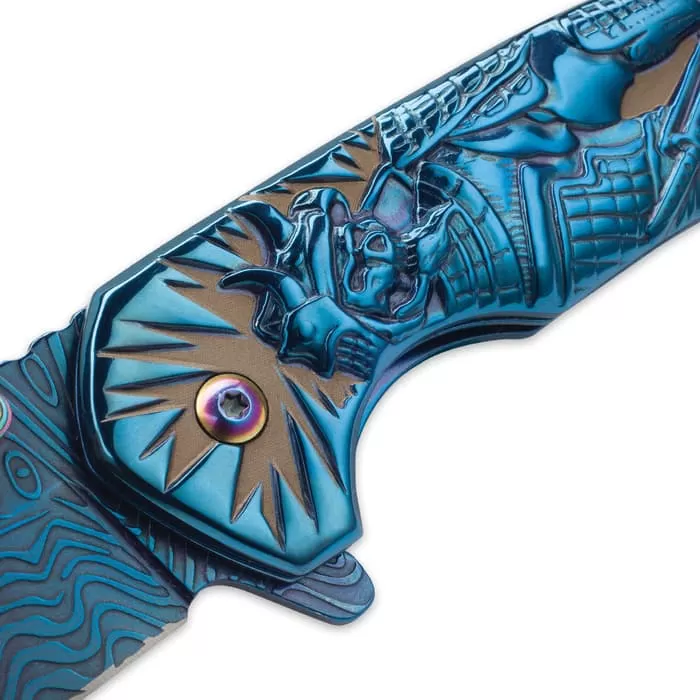 Shadow Warrior Assisted Opening Pocket Knife | DamascTec Steel Blade | Blue And Rainbow - Image 3