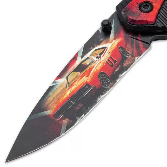 General Lee Pocket Knife - Printed Stainless Steel Blade, Aluminum Handle, Wooden Facing, Pocket Clip - Closed 4 1/2β - Image 3