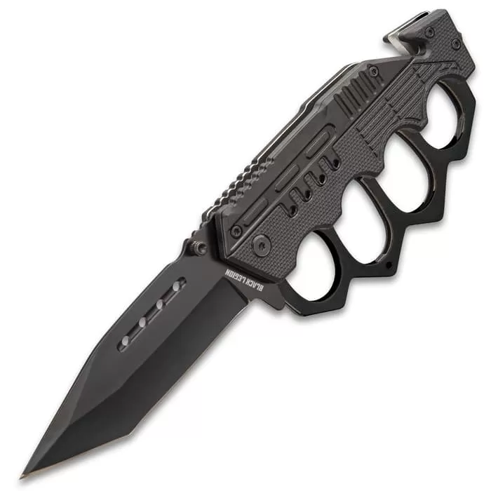 Black Folding Knuckle Knife - Stainless Steel Blade, ABS Handle, Seatbelt Cutter, Glass Breaker - Closed Length 5 1/4β - Image 3