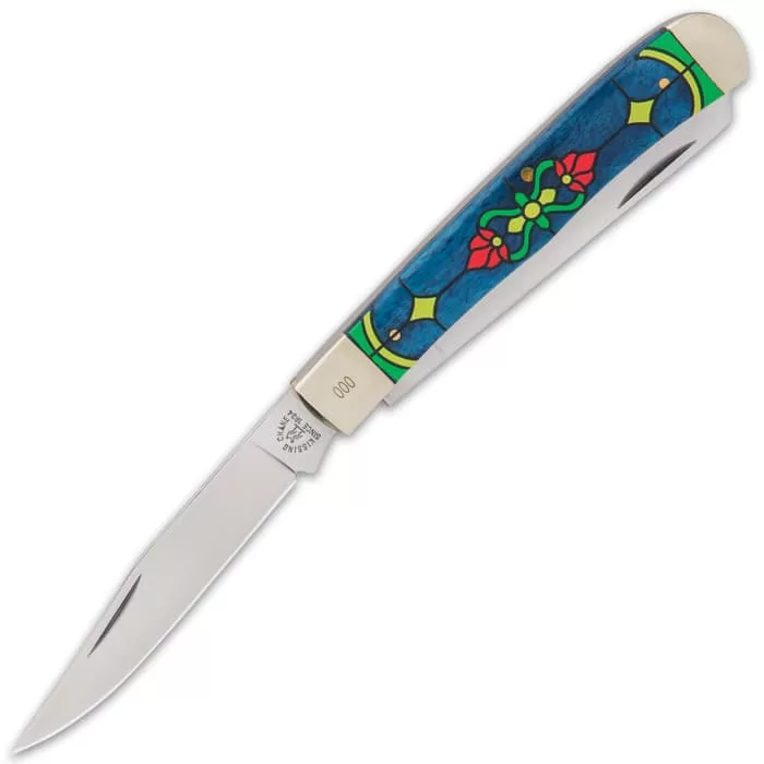 Kissing Crane Sapphire Stained Glass Trapper Knife - Stainless Steel Blades, Bone Handle Scales, Nickel Silver Bolsters - Image 3