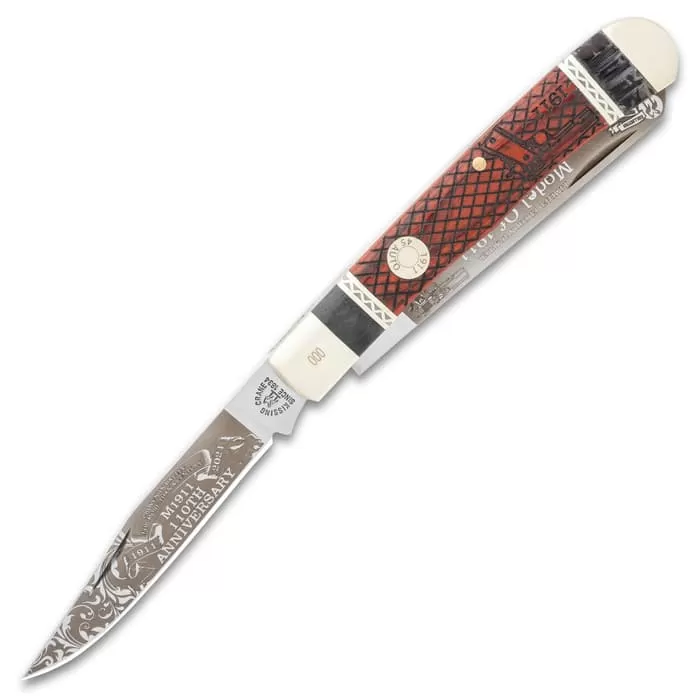 Kissing Crane M1911 Pistol Trapper Pocket Knife - Stainless Steel Blades, Wooden Handle Scales, Nickel Silver Bolsters - Image 3