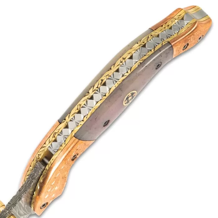 Timber Wolf Aspen Pocket Knife - Damascus Steel Blade, Bone Handle, Engraved Copper Bolsters, Fileworked Liners - Image 3