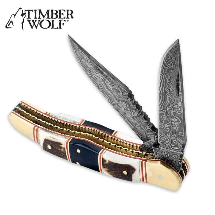 Timber Wolf Filework Hunter Pocket Knife Damascus - Image 3