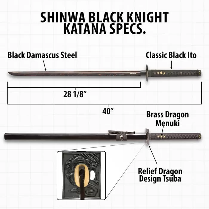 Shinwa Black Knight Handmade Katana / Samurai Sword - Hand Forged Black Damascus Steel - Razor Sharp, Full Tang - Fully Functional, Battle Ready, Ninja Sleek - Faux Ray Skin, Cord Wrap, Dragon Tsuba - Image 3