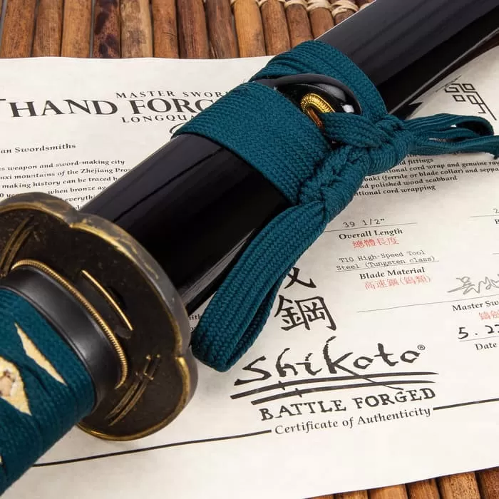 Shikoto Hammer-Forged Longquan Master Teal Katana - T10 Steel Blade, Tea-Dyed Rayskin, Brass Tsuba - Length 39 1/2โ - Image 3